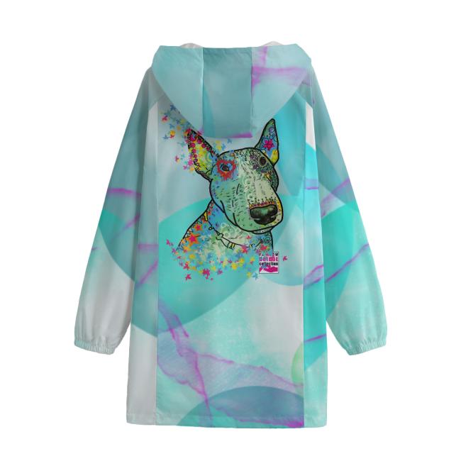 Preview: Leichte Regenjacke Kalli – Popart Hundemotiv, 100 % Polyester, Unisex, Bullterrier, Bulli, SOKA, Familienhund, Listenhund, Mix, Mischling